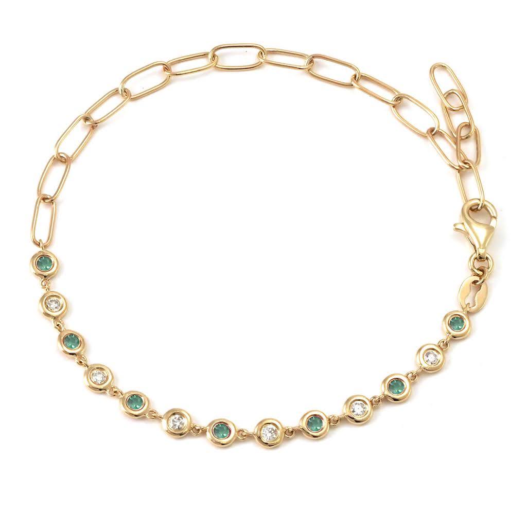 14K Solid Gold Diamond Emerald Paperclip Bracelet