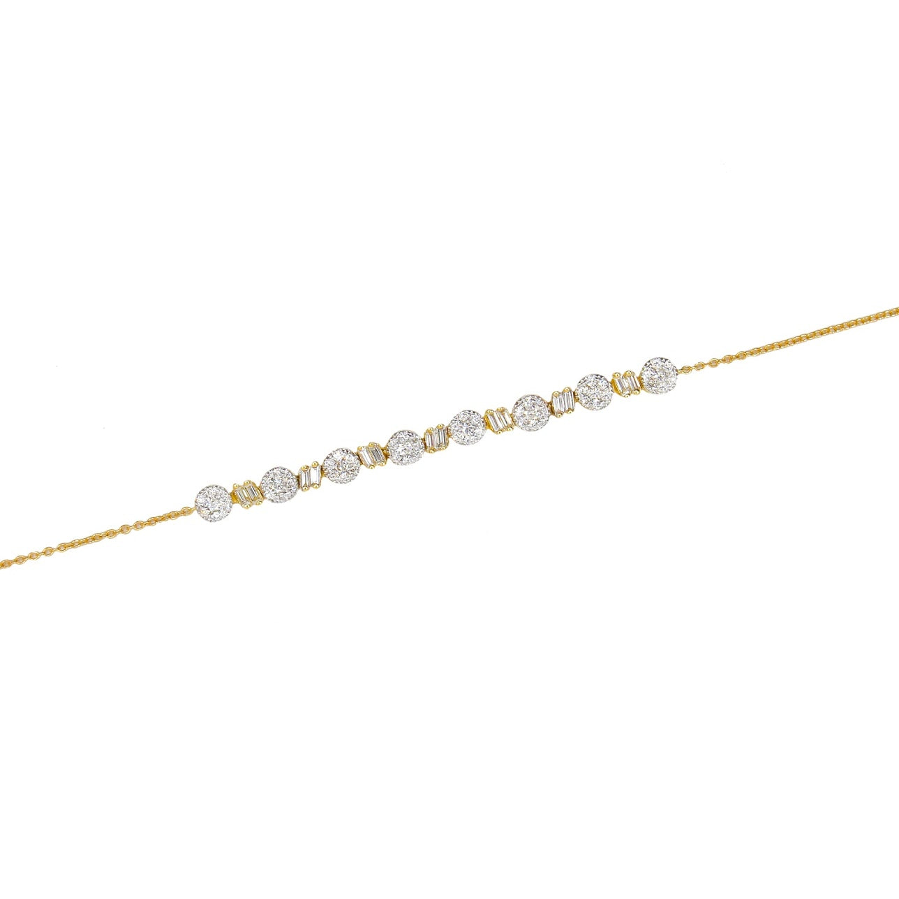 14K Solid Gold Round Baguette Diamond Bracelet