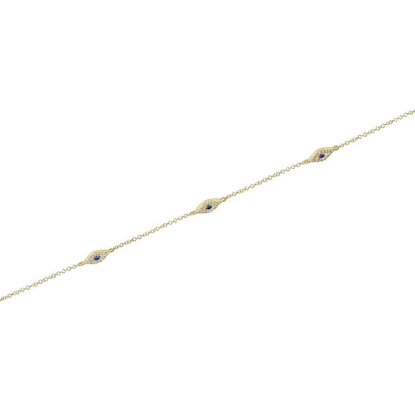 14K Solid Gold Diamond Sapphire Three Evil Eye Bracelet