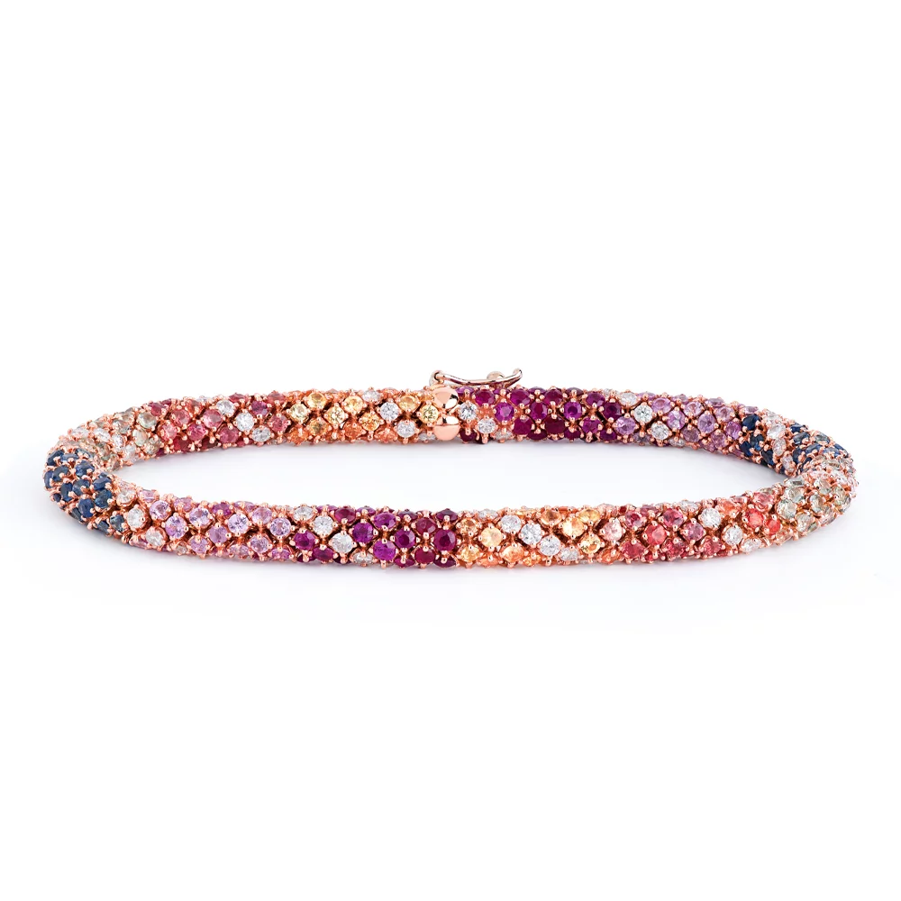 14K Solid Gold Full Multi Color Round Sapphire Bracelet
