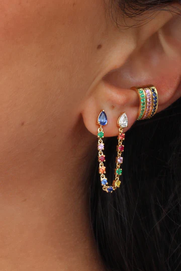 14K Gold Diamond and Multi-Colored Fine Gemstone Double Piercing Loop Earring