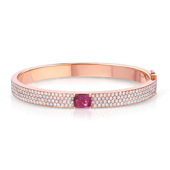 14K Solid Gold Pave Diamond Oval Bracelet With Cushion Cut Ruby Center Stone