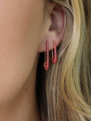 14K Solid Gold Mini Ruby Safety Pin Earring view 2