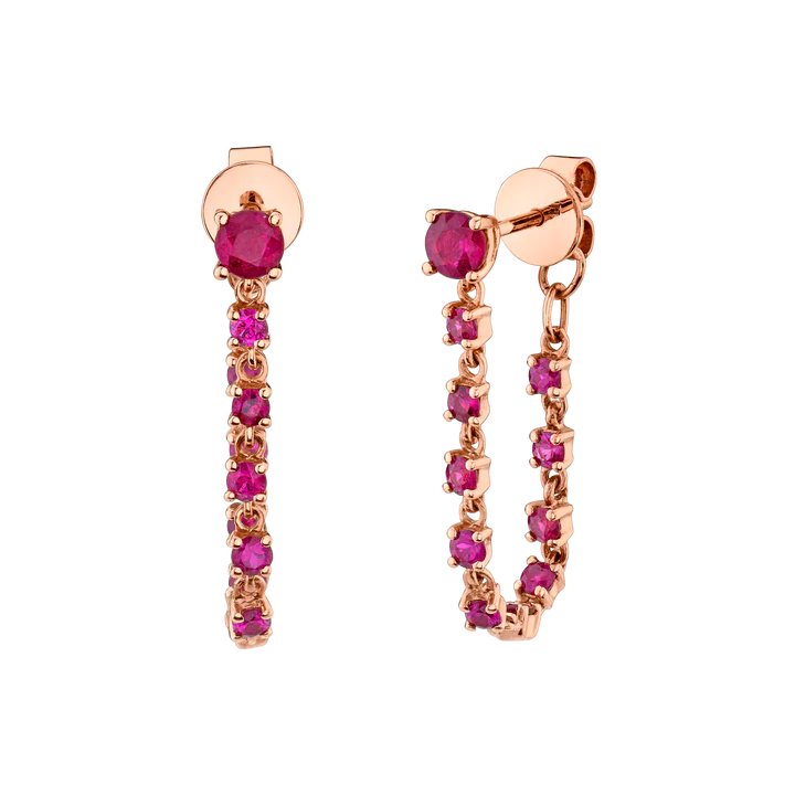 14K Solid Gold Ruby Long Loop Earrings