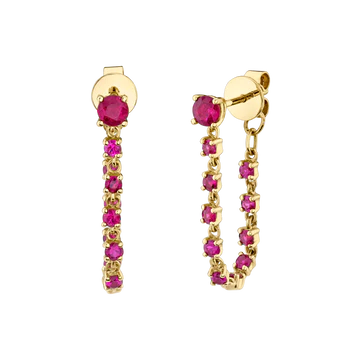 14K Solid Gold Ruby Long Loop Earrings view 2