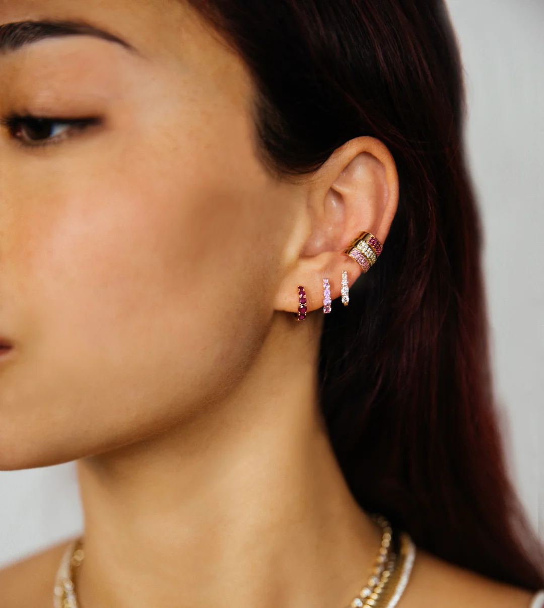 14K Solid Gold Two row ruby ear cuffs view 2