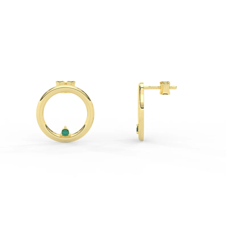 14K Solid Gold Open Circle Natural Emerald Earrings