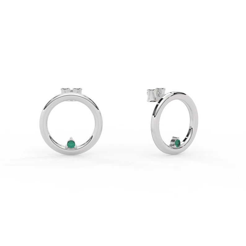 14K Solid Gold Open Circle Natural Emerald Earrings view 2