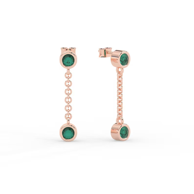14K Solid Gold Dangle Drop Emerald Earrings