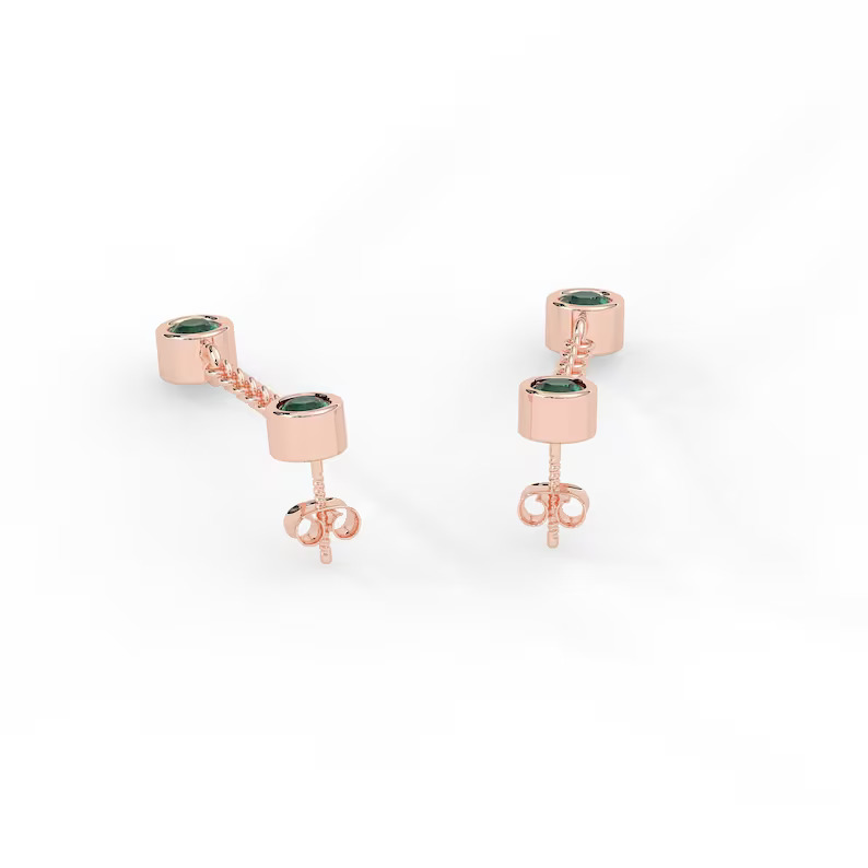 14K Solid Gold Dangle Drop Emerald Earrings view 3