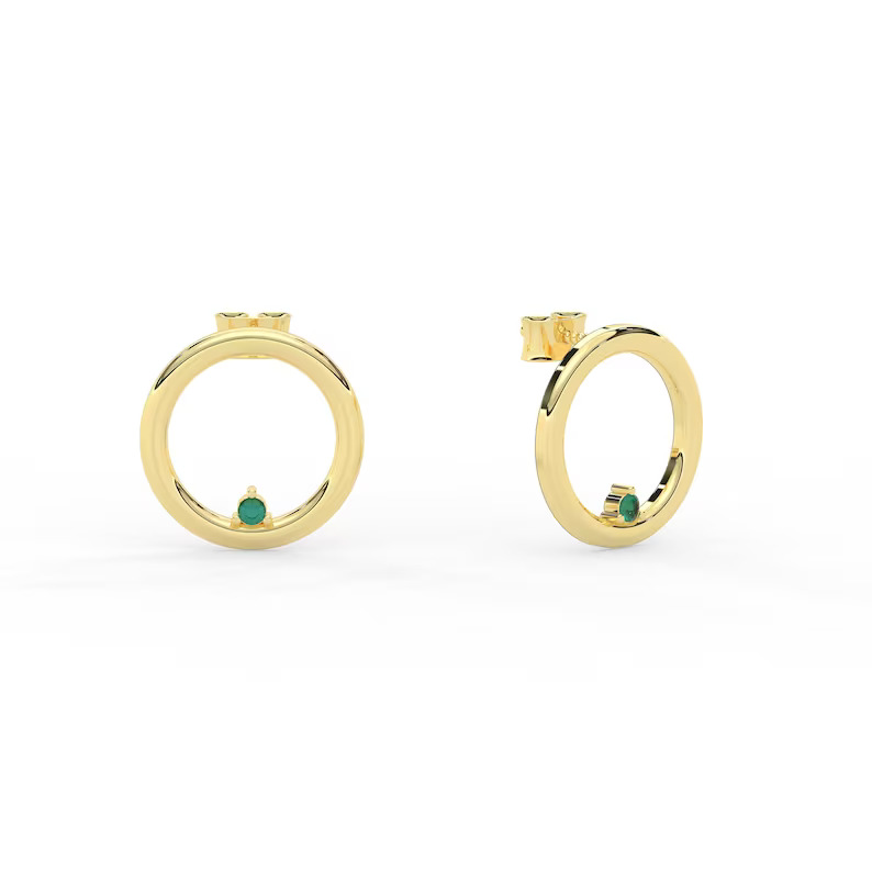 14K Solid Gold Open Circle Natural Emerald Earrings view 5