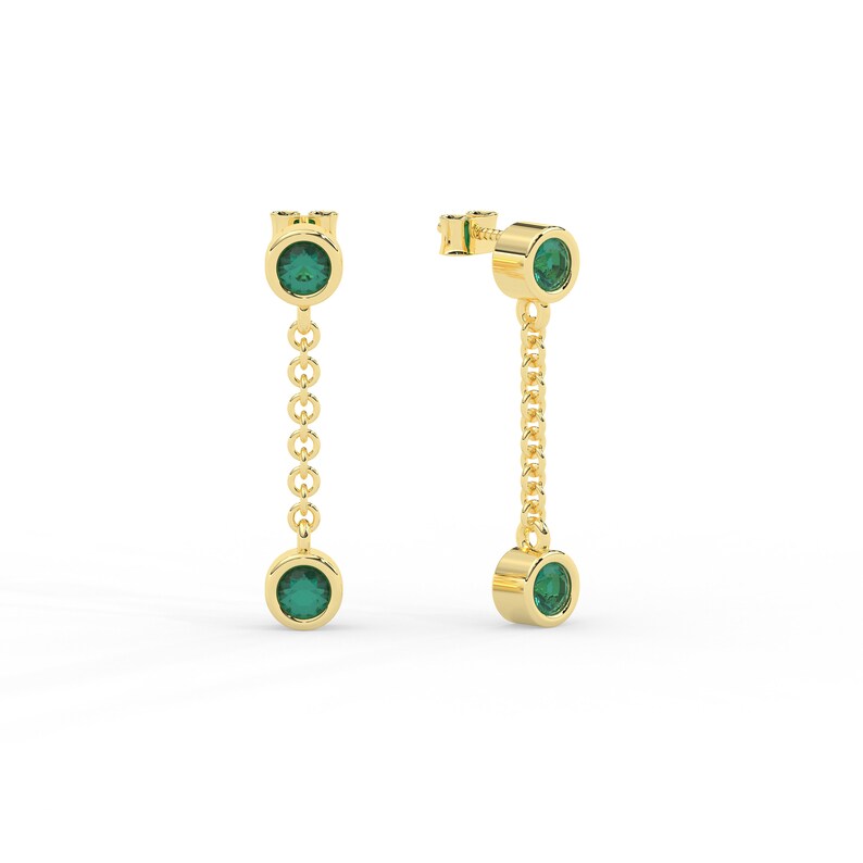 14K Solid Gold Dangle Drop Emerald Earrings view 4