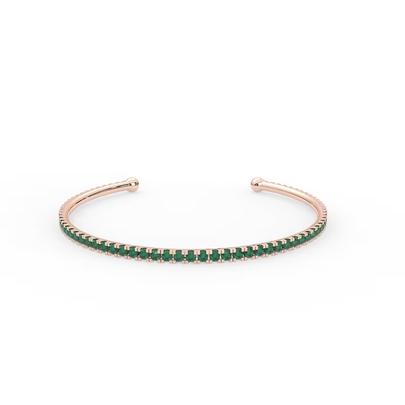 14K Solid Gold Natural Emerald Cuff Bracelet