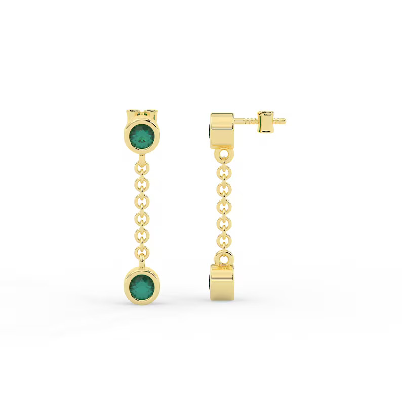 14K Solid Gold Dangle Drop Emerald Earrings view 5