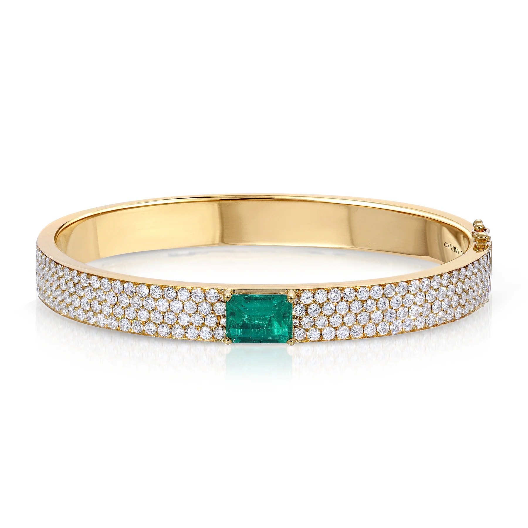 14K Solid Gold Diamond Oval Bracelet With Emerald Cut Emerald Center