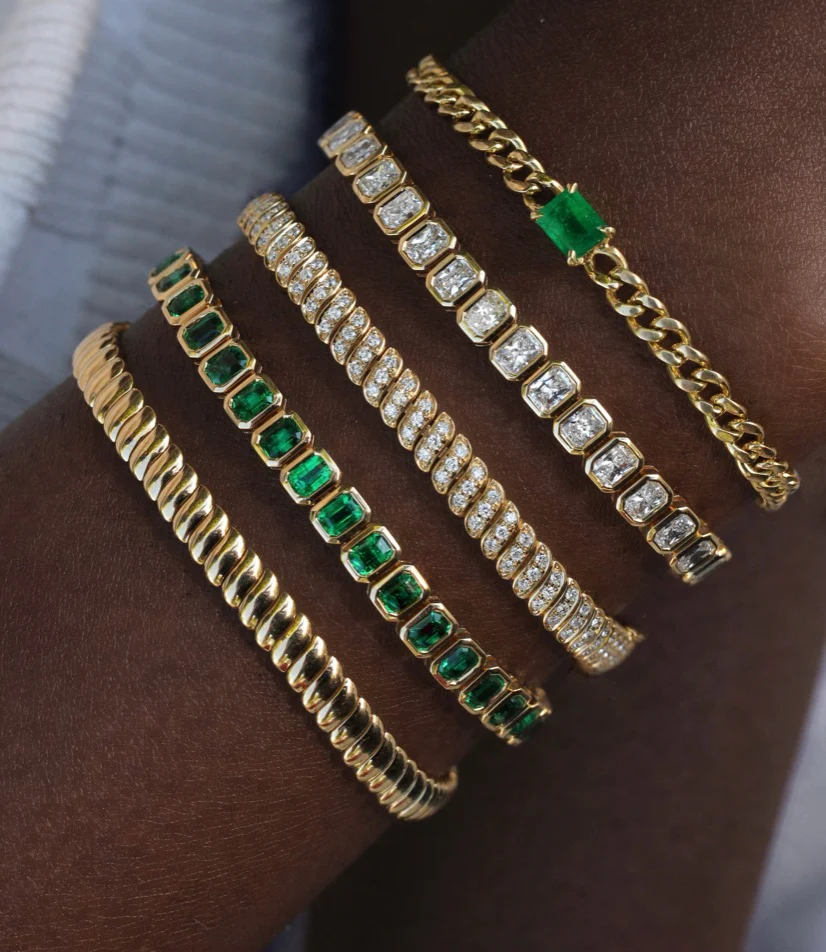 14K Solid Gold Bezeled Emerald Cut Emerald Bracelet view 2