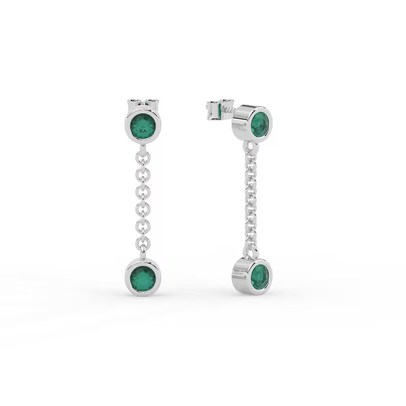 14K Solid Gold Dangle Drop Emerald Earrings view 6