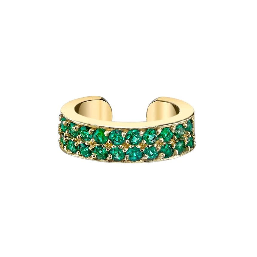 14K Solid Gold Two Row Emerald Ear Cuff