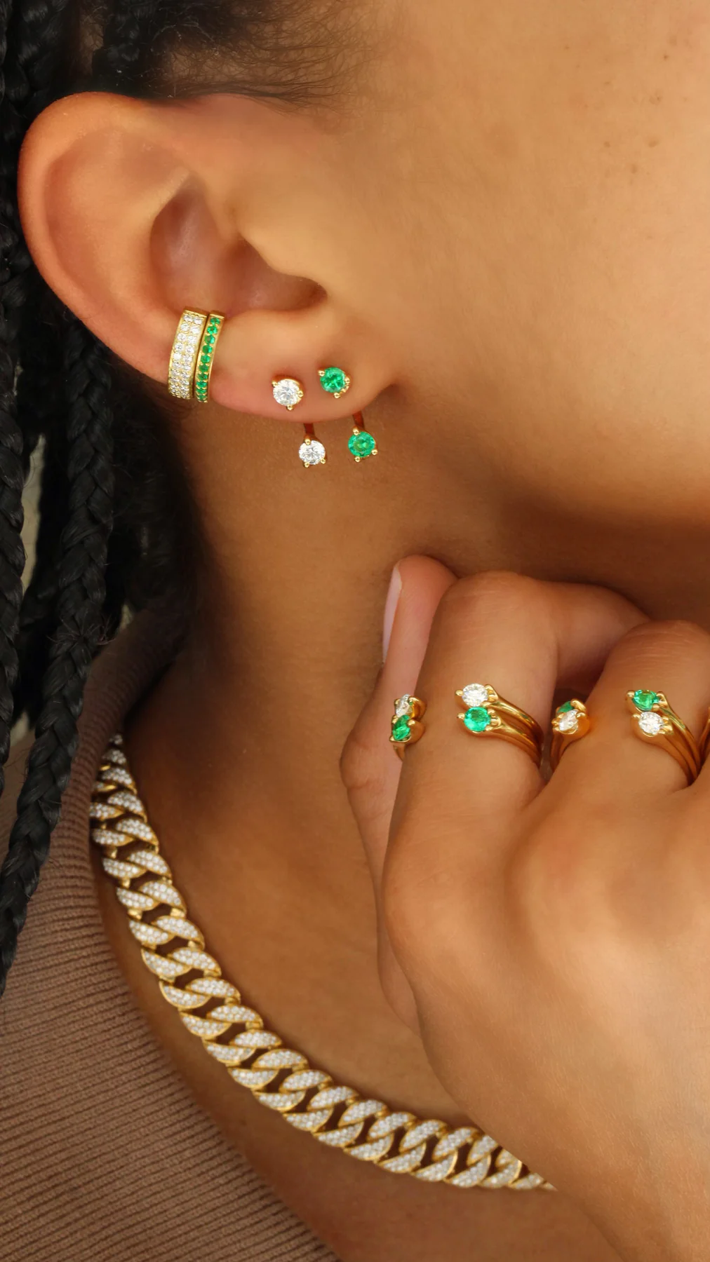14K Solid Gold Emerald Orbit Earring view 2