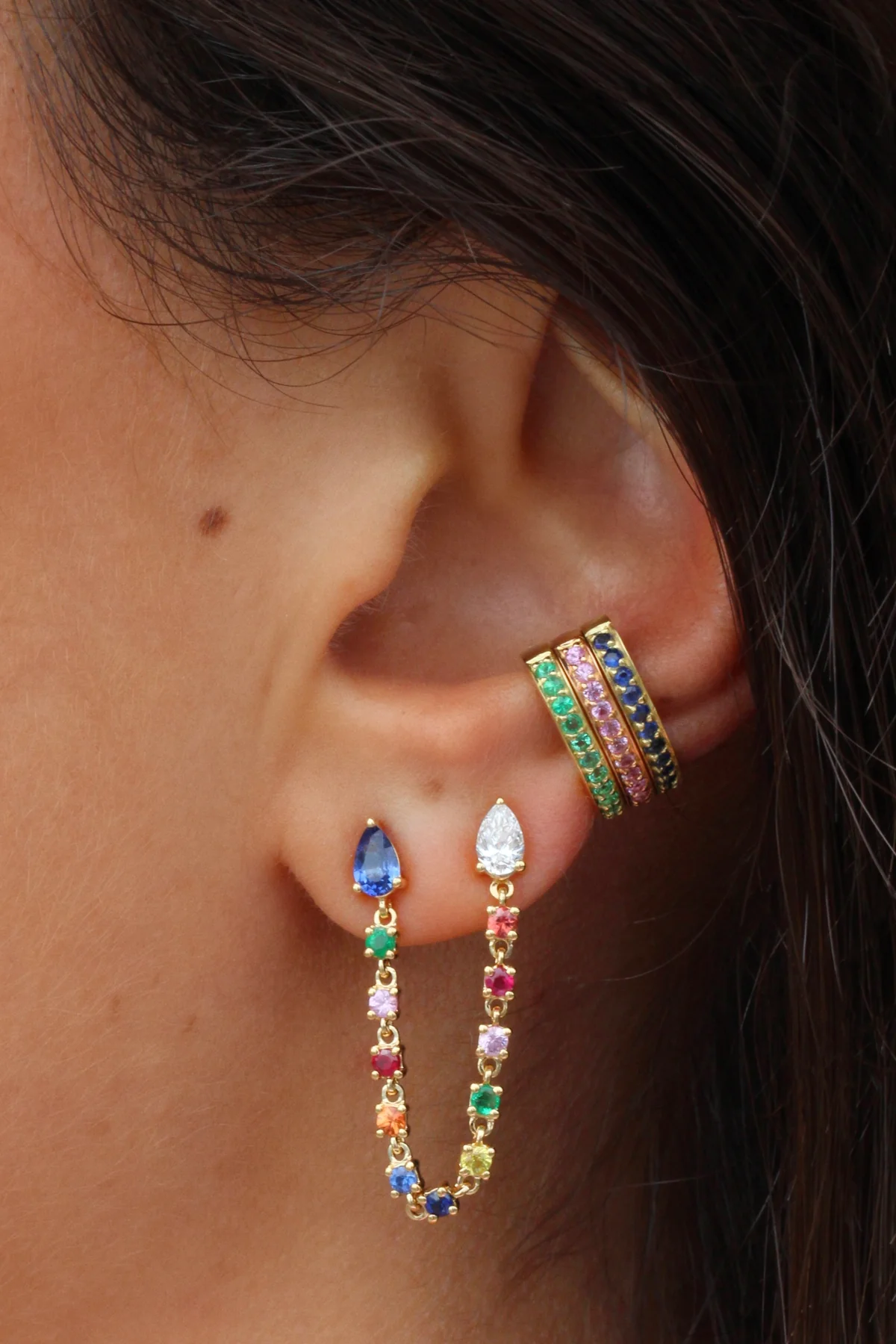 14K Solid Gold Single Row Emerald Ear Cuff view 2