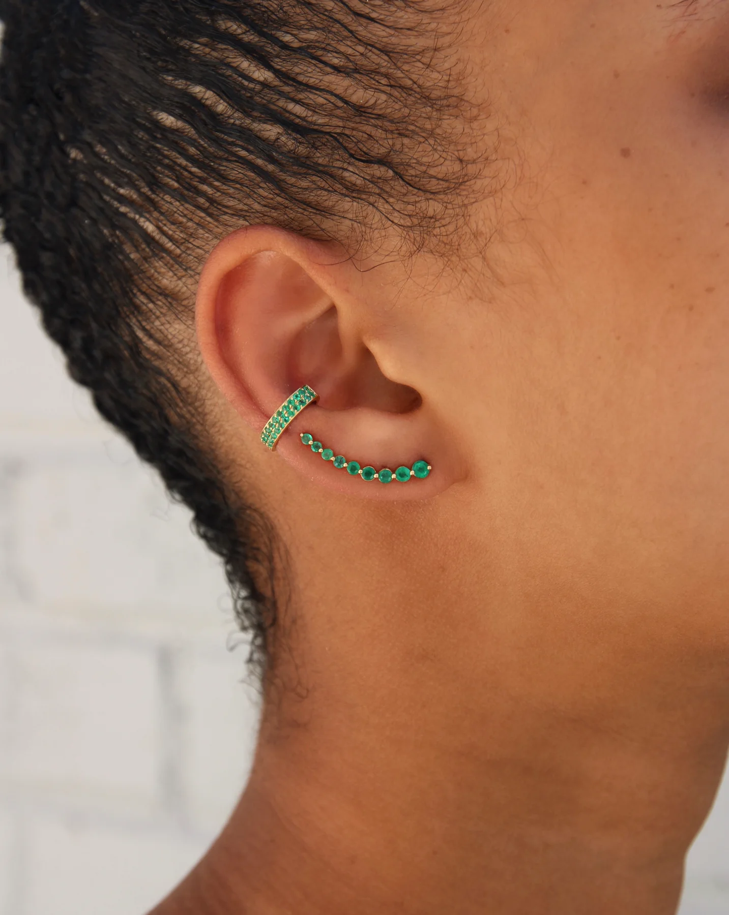 14K Solid Gold Two Row Emerald Ear Cuff view 2