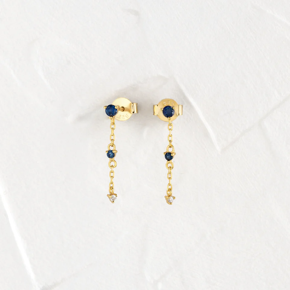 14K Solid Gold Sapphire Plotline Long Gold Earrings