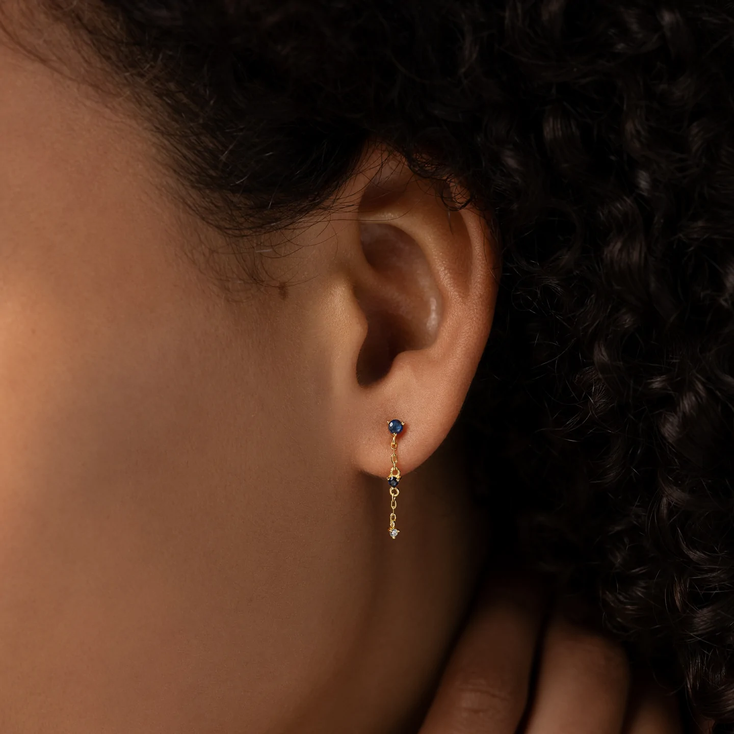 14K Solid Gold Sapphire Plotline Long Gold Earrings view 2