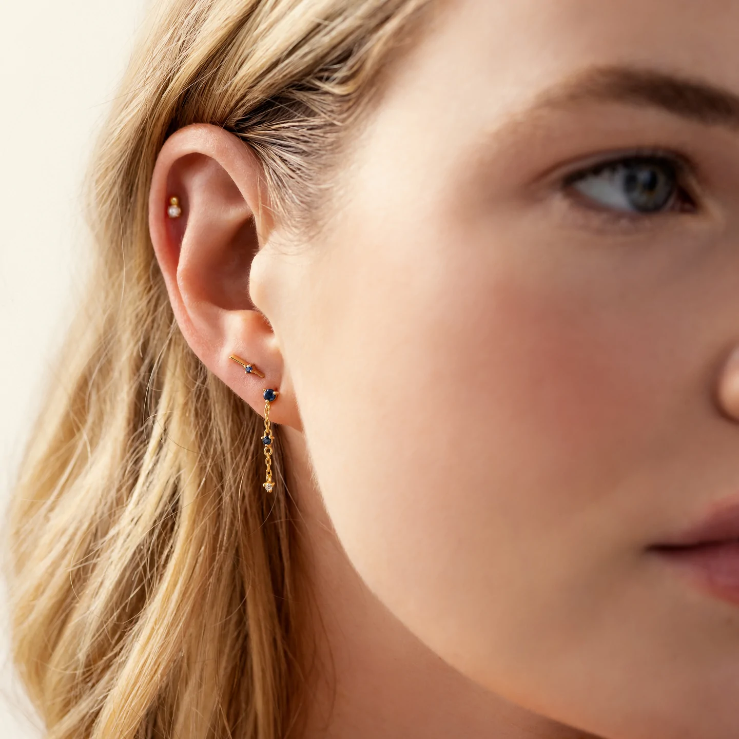 14K Solid Gold Sapphire Plotline Long Gold Earrings view 3