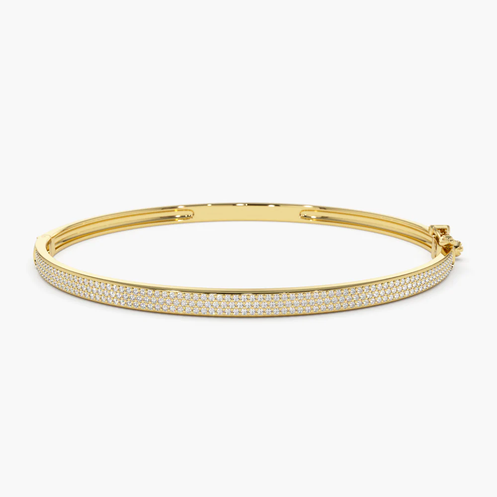 14K Solid Gold Three Row Pave Diamond Bracelet For women