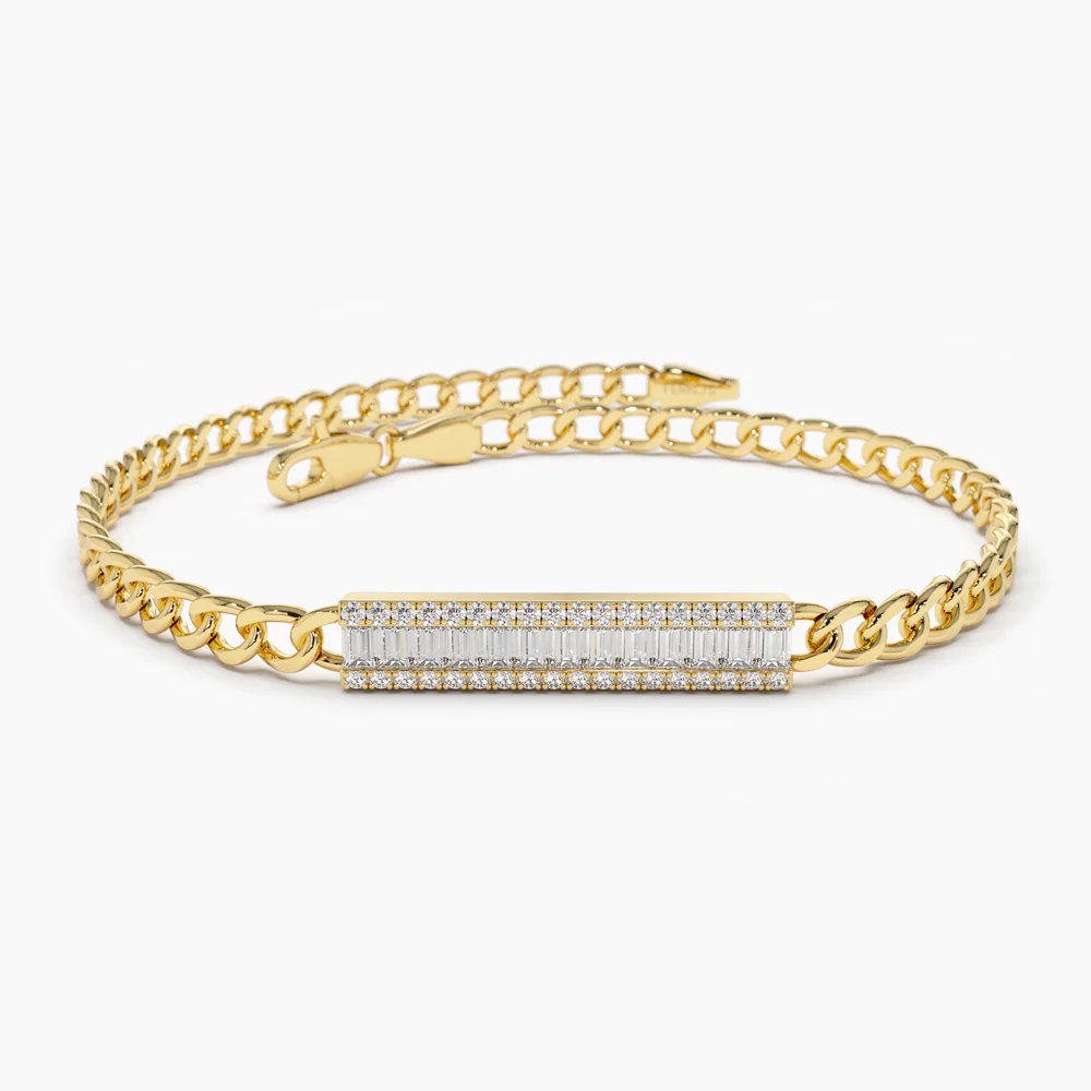 14K Solid Gold Baguette Diamond Bar Curb Link Bracelet