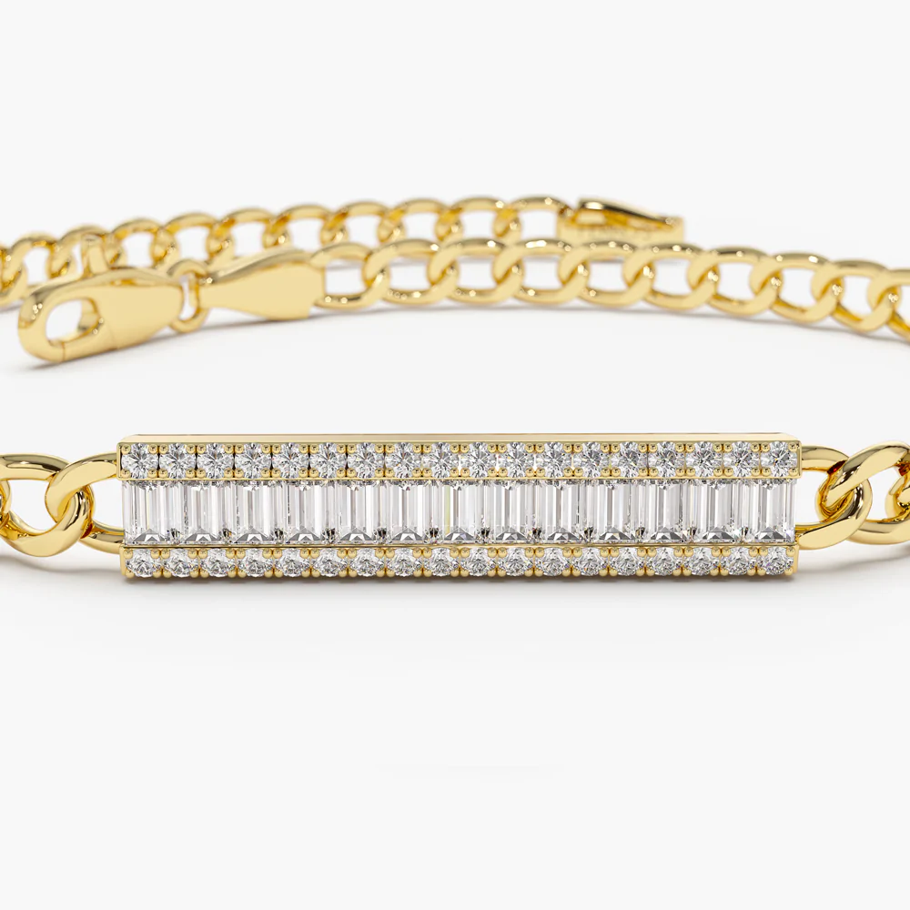 14K Solid Gold Baguette Diamond Bar Curb Link Bracelet view 2