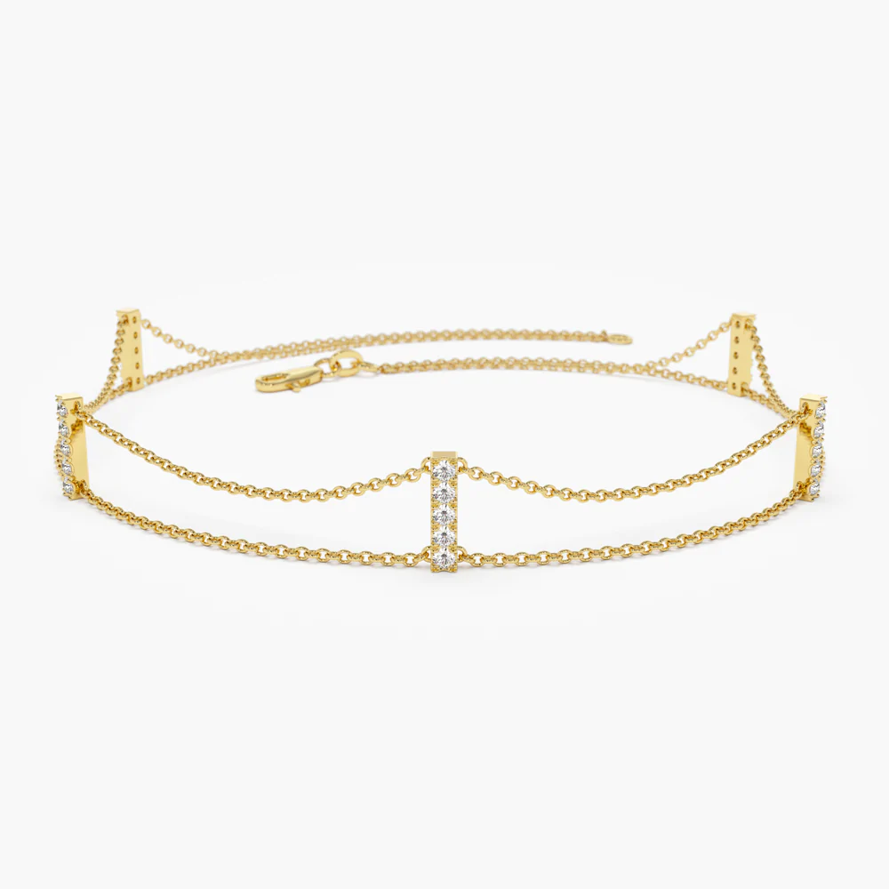 14K Solid Gold 5 Station Diamond Bar Bracelet