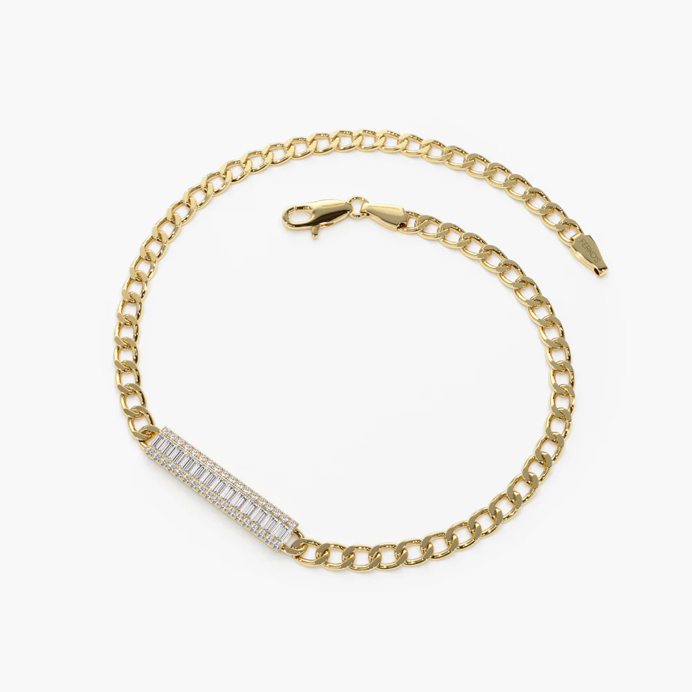 14K Solid Gold Baguette Diamond Bar Curb Link Bracelet view 3