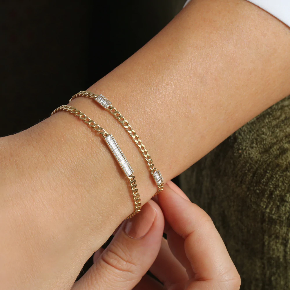 14K Solid Gold Baguette Diamond Bar Curb Link Bracelet view 4