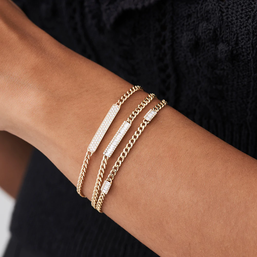 14K Solid Gold Baguette Diamond Bar Curb Link Bracelet view 5