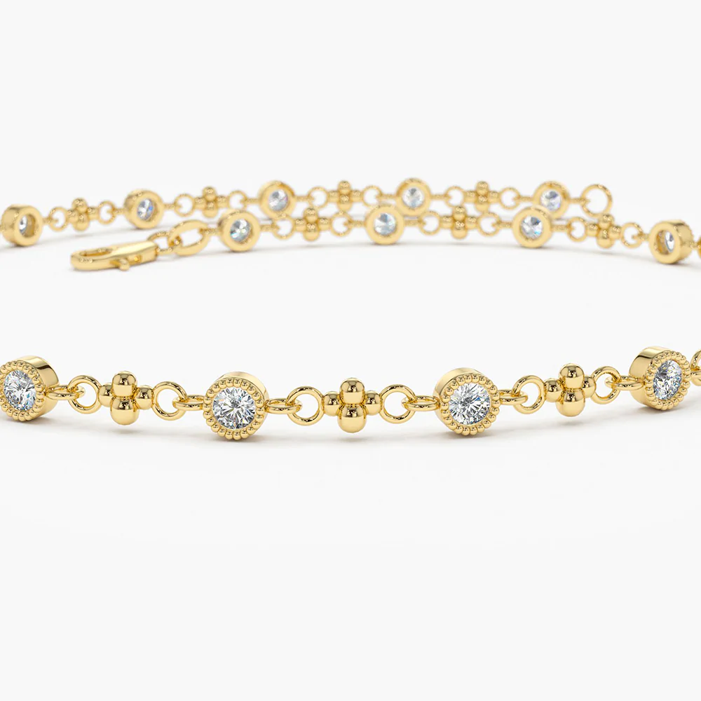 14K Solid Gold Bezel Setting Diamond with Migraine Bracelet view 2