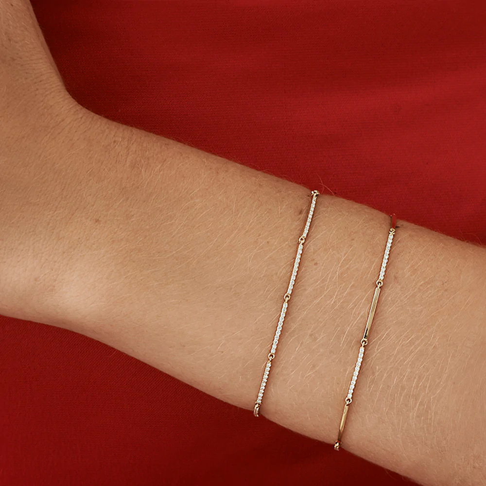 14K Solid Gold Pave Stackable Diamond Bar Bracelet view 6