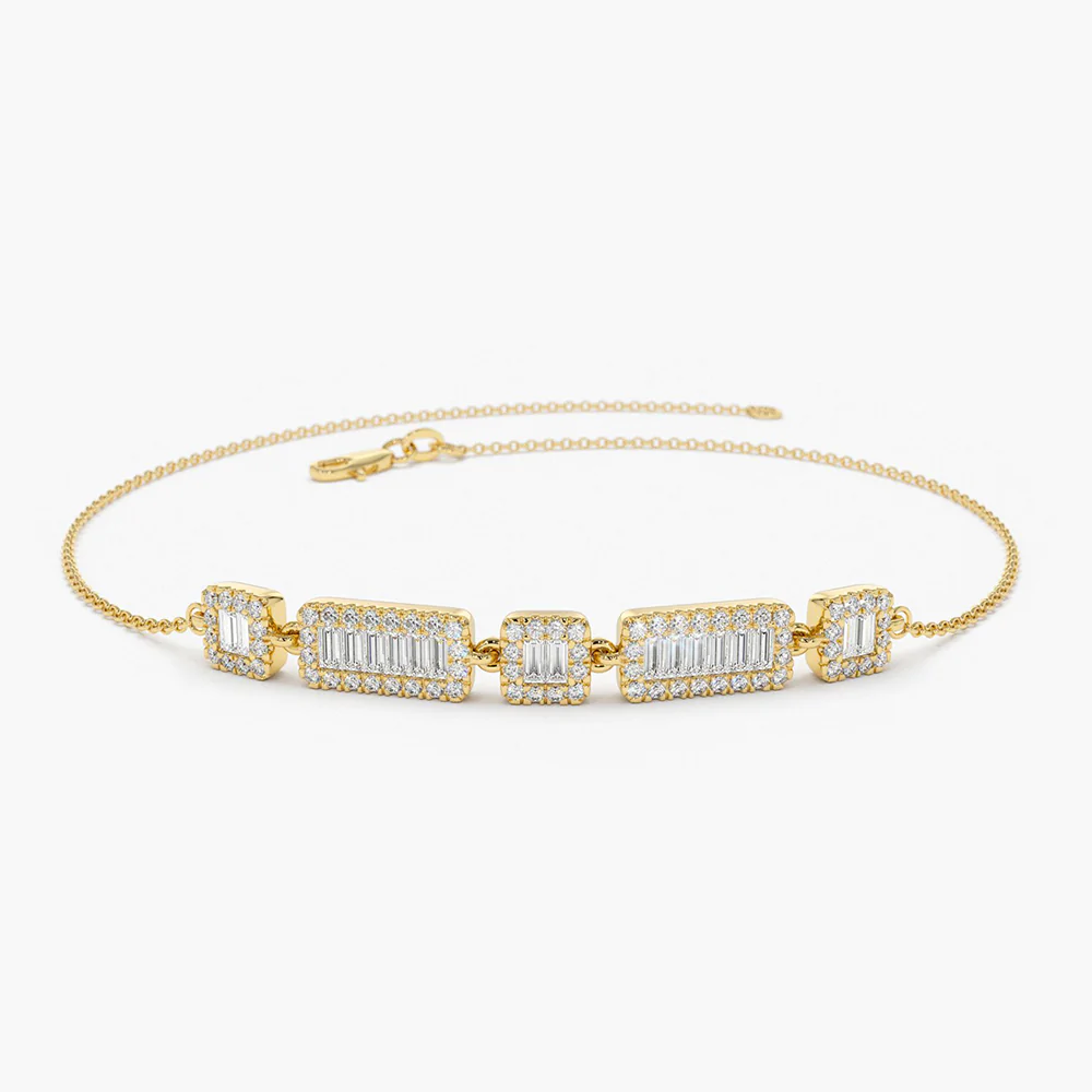 14K Solid Gold Baguette and Round Lab-Grown Diamond Bracelet