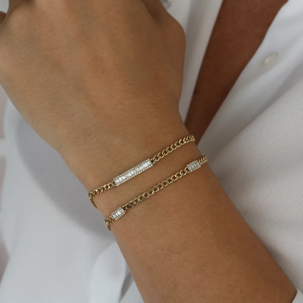 14K Solid Gold Baguette Diamond Bar Curb Link Bracelet view 6