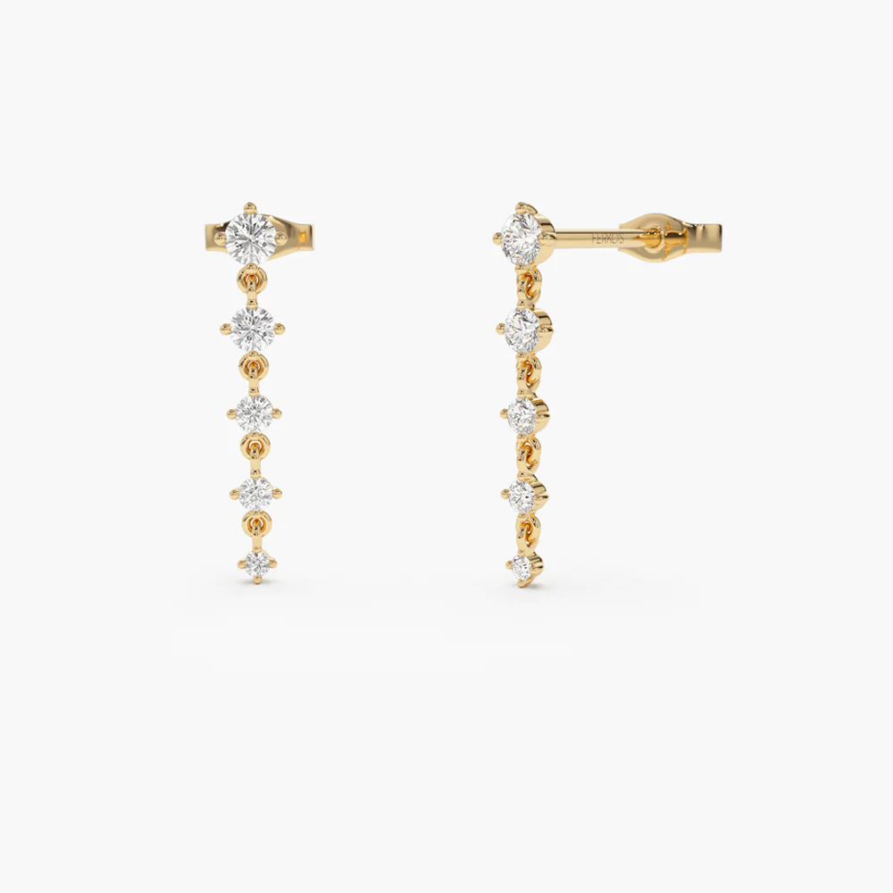 14K Solid Gold Dangling 4 Prong Diamond Drop Earrings
