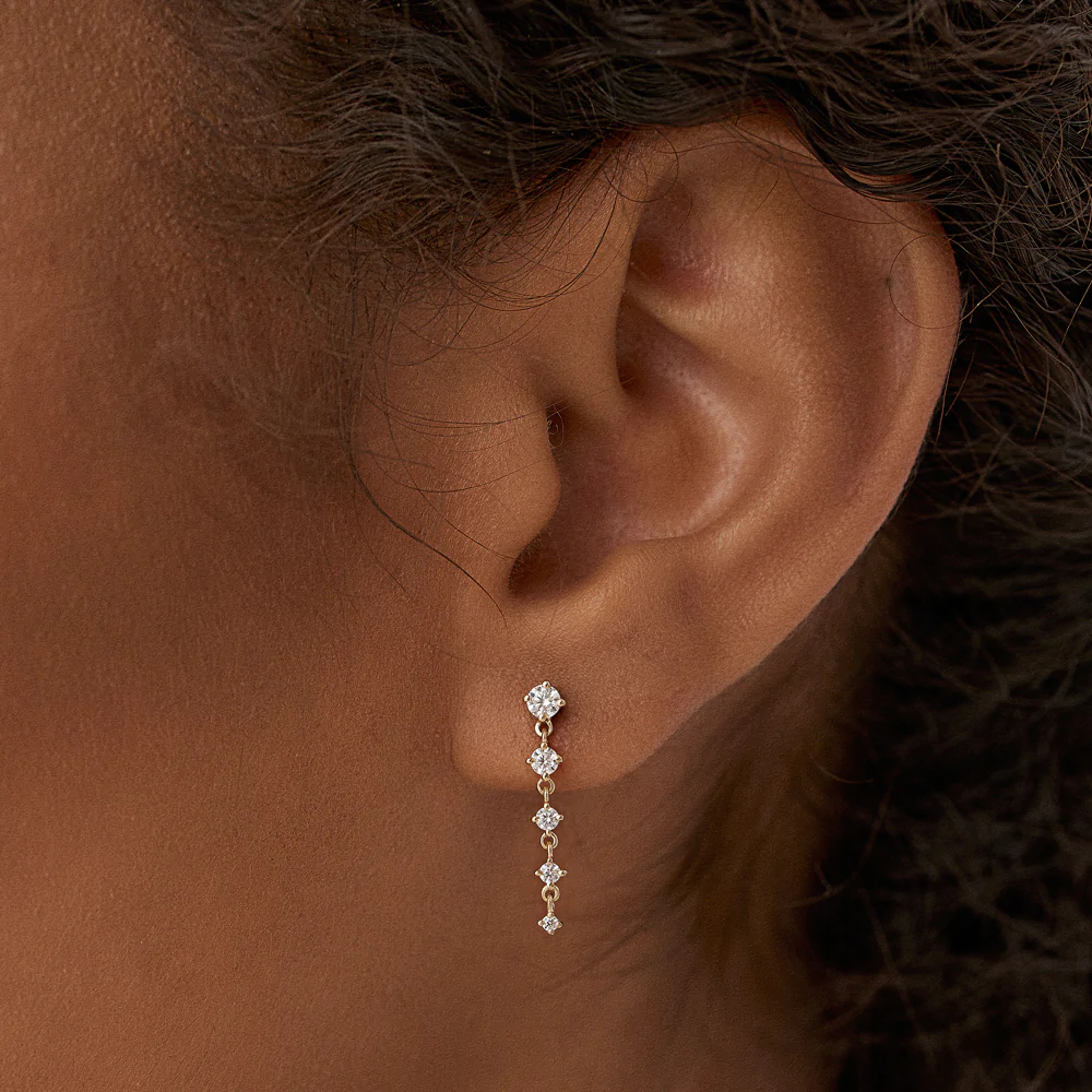14K Solid Gold Dangling 4 Prong Diamond Drop Earrings view 3