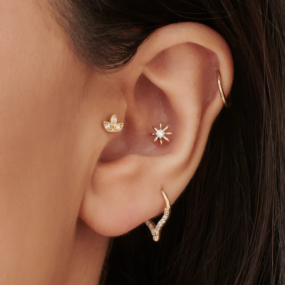 14K Solid Gold Leaf Petal Lab-Grown Diamond Helix Piercing