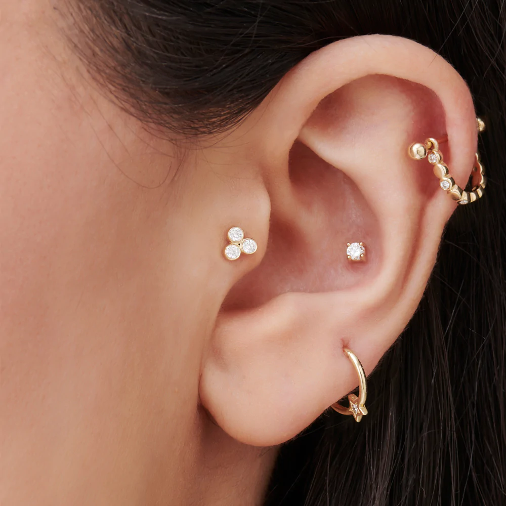 14K Solid Gold Dainty Lab-Grown Diamond Trio Helix Piercing