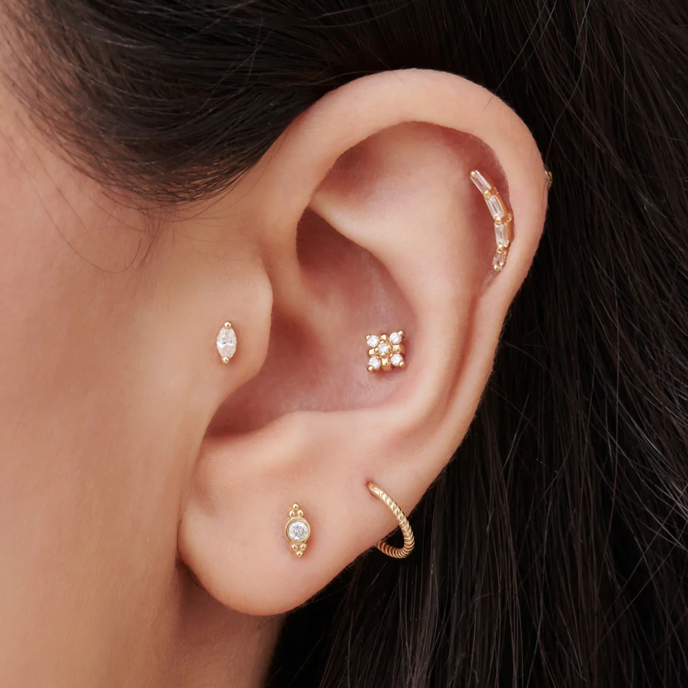 14K Solid Gold Six Dot Diamond Helix Piercing