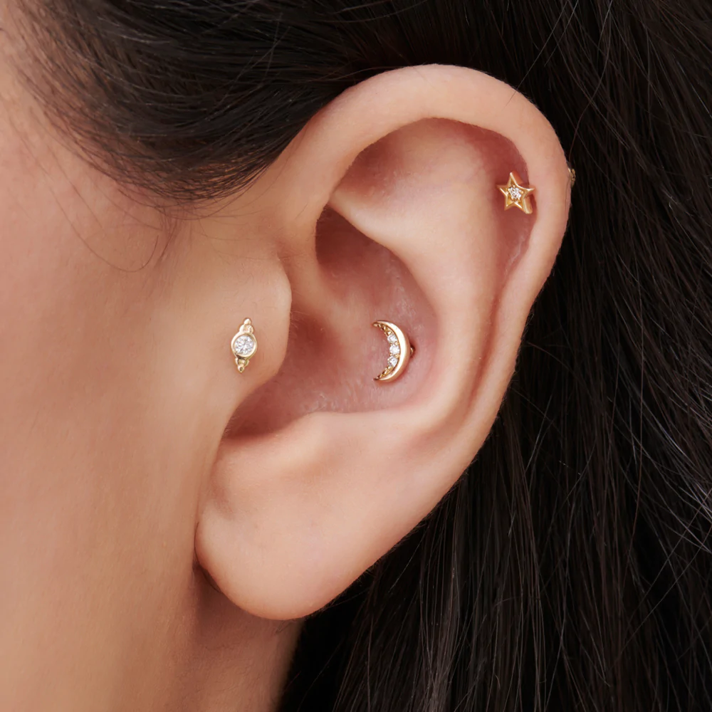 14K Solid Gold Six Dot Diamond Helix Piercing view 2
