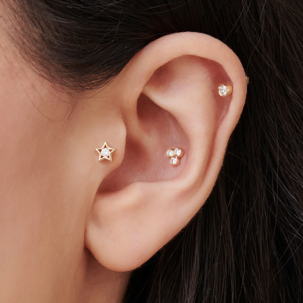 14K Solid Gold Dainty Lab-Grown Diamond Trio Helix Piercing view 2