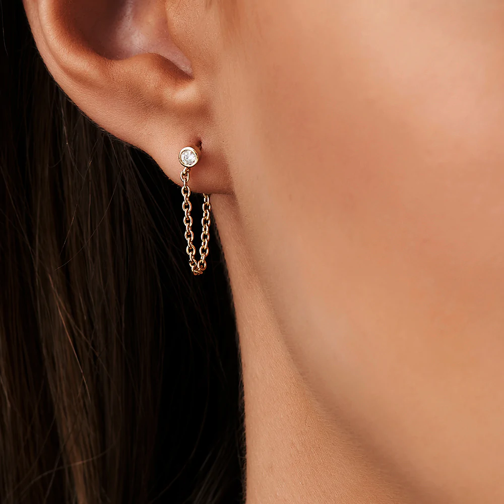 14K Solid Gold Bezel Setting Diamond Studs Chain Earrings