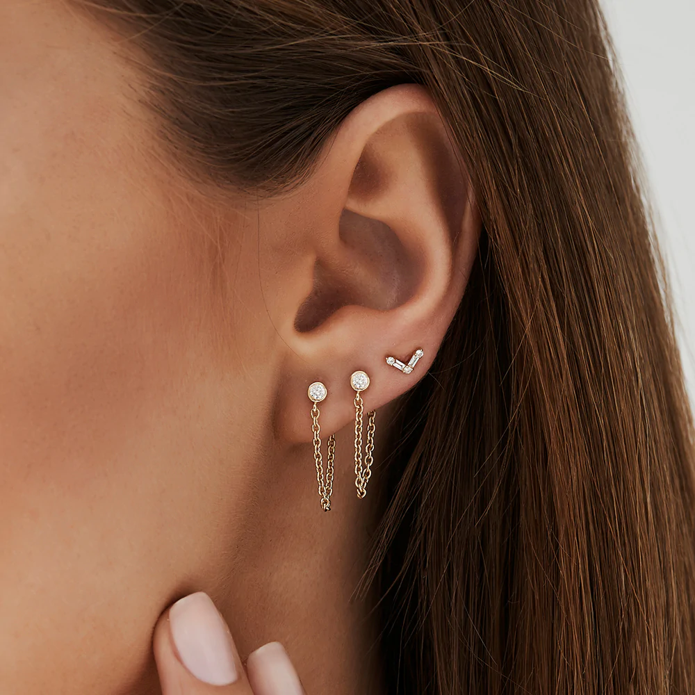 14K Solid Gold Bezel Setting Diamond Studs Chain Earrings view 4