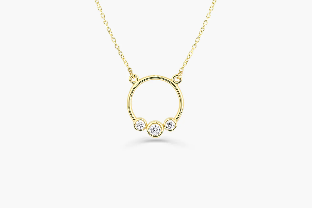 14K Solid Gold Graduated Trio Bezel Diamond Circle Necklace