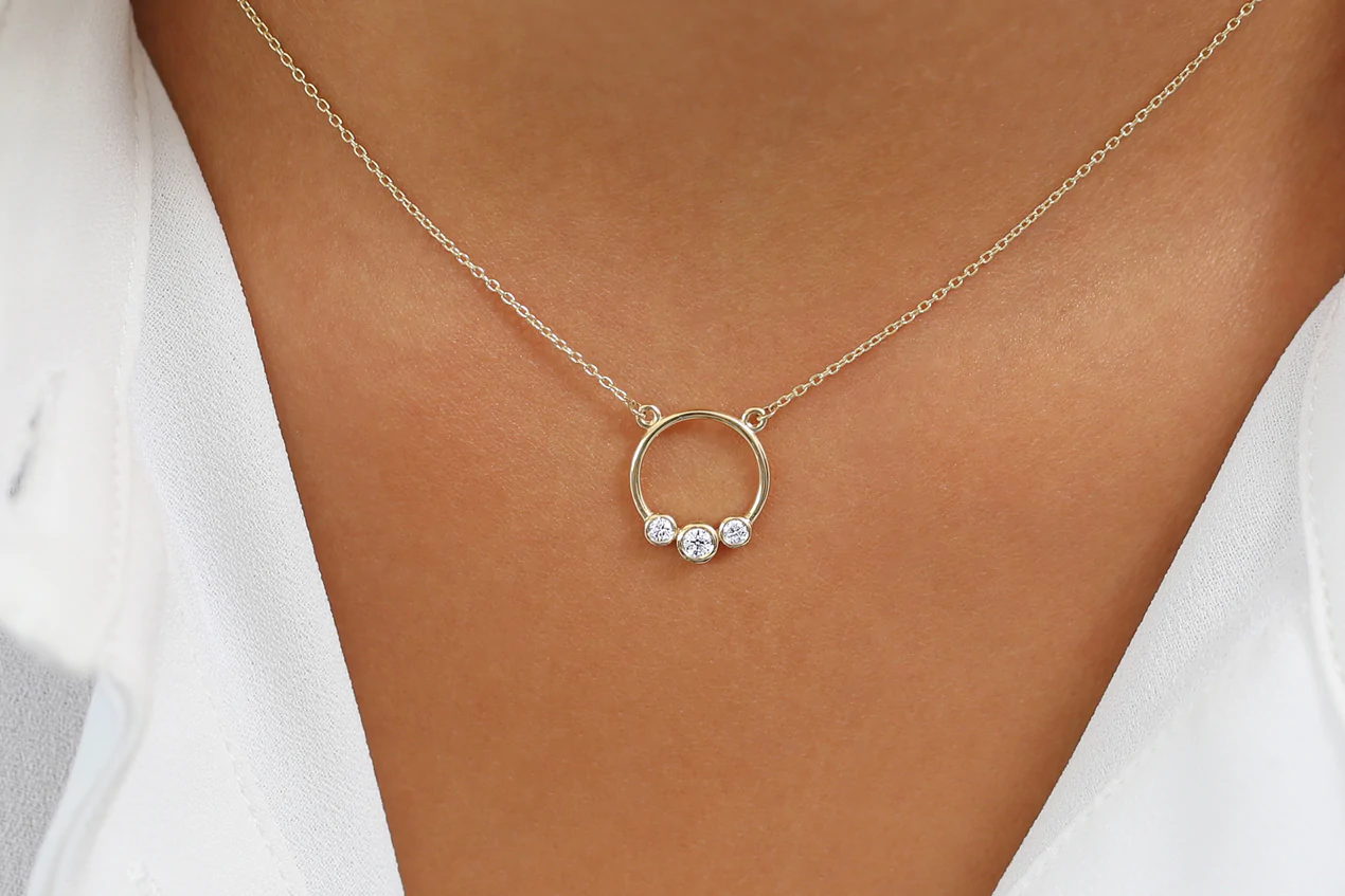 14K Solid Gold Graduated Trio Bezel Diamond Circle Necklace view 2